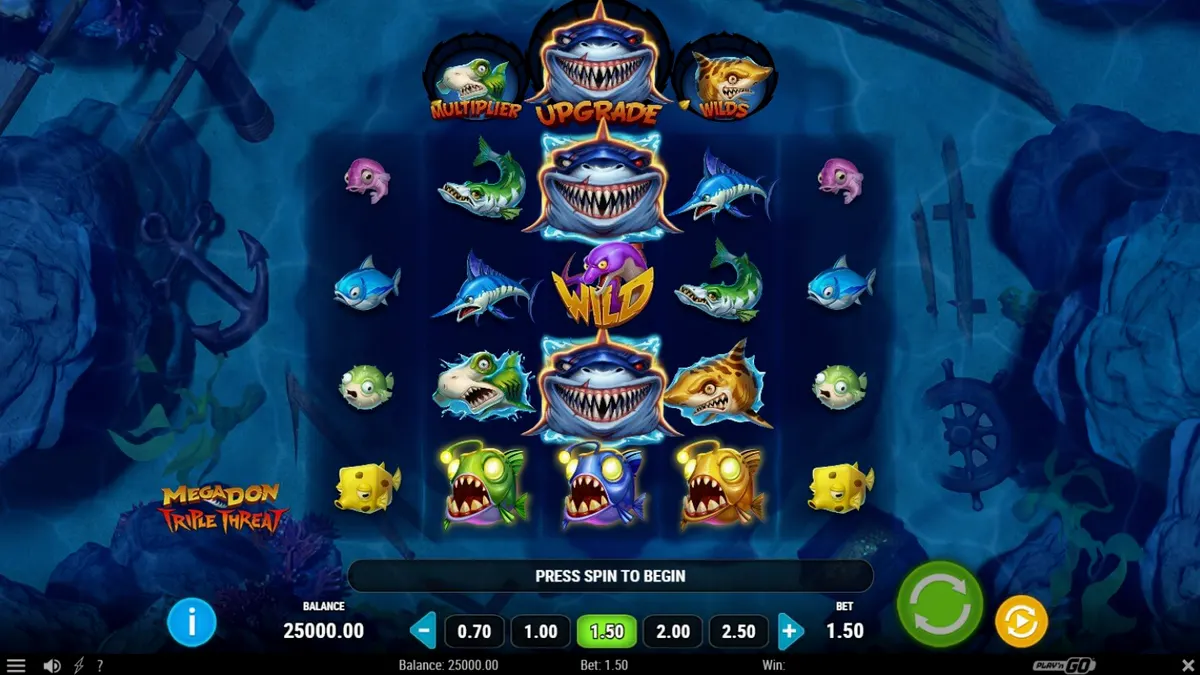 Tampilan visual slot Megadon Triple Threat dengan tema hiu bawah laut