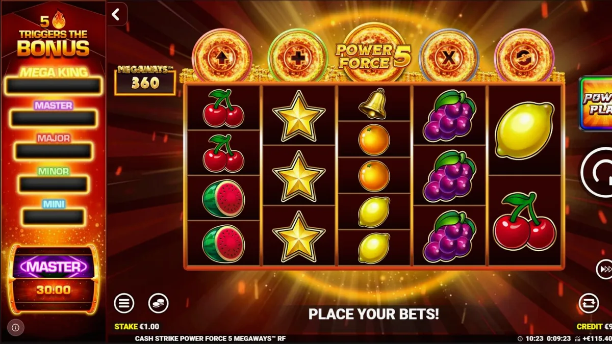 Tampilan visual retro dan simbol buah klasik pada slot Cash Strike Power Force 5 Megaways